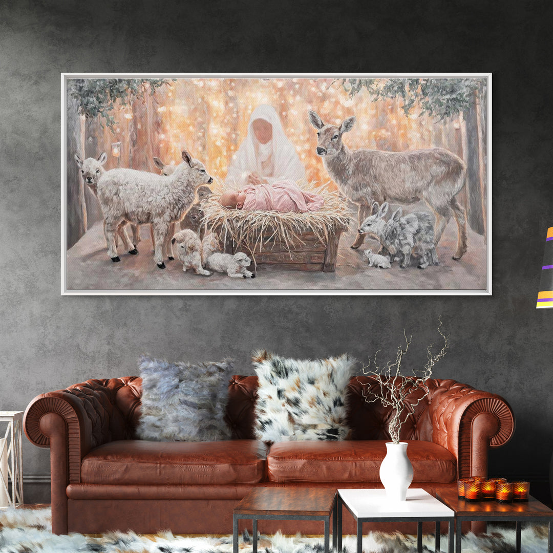 Forest Nativity Glow – Framed Canvas Print – Christian Wall Art – Christian Art Canvas – Christmas Art – Jesus Painting – Christian Art