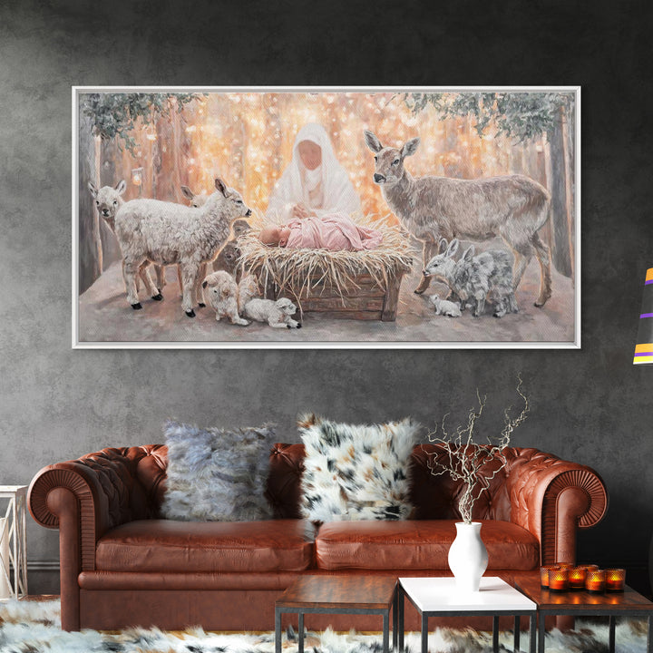 Forest Nativity Glow – Framed Canvas Print – Christian Wall Art – Christian Art Canvas – Christmas Art – Jesus Painting – Christian Art