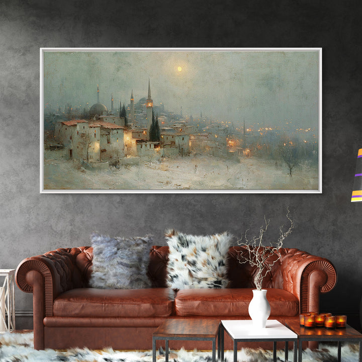 Winter Holy Town | Framed Canvas Print | Christmas Wall Art | Christian Art Canvas | Moody Christmas Art | Christian Art Print | Vintage Ch