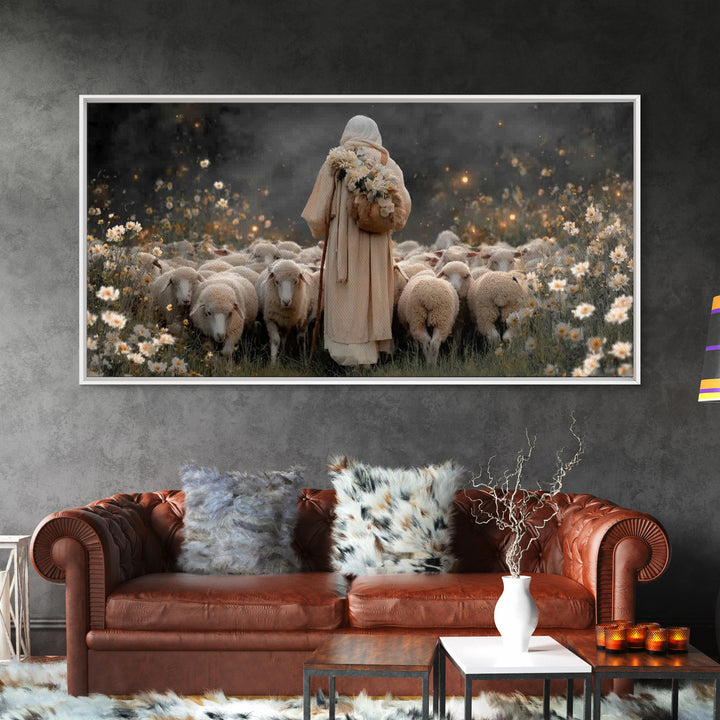 Floral Shepherd Grace – Framed Canvas Print – Christian Art Canvas – Jesus Painting – Christian Wall Art – Christian Art Gift – Christian C