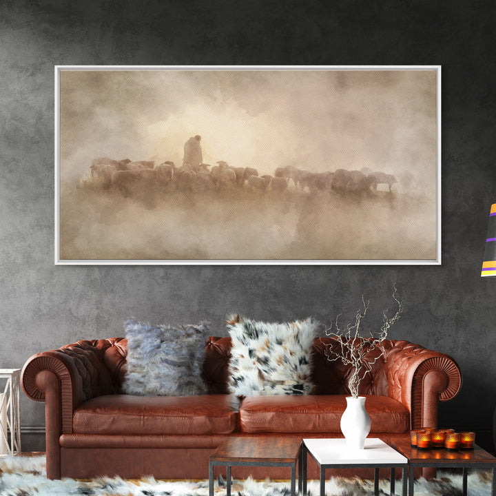 Shepherds Of Dawn - Framed Canvas Print - Christian Wall Art - Christian Art Canvas - Jesus Painting - Pastoral Scenery - Christian Gift