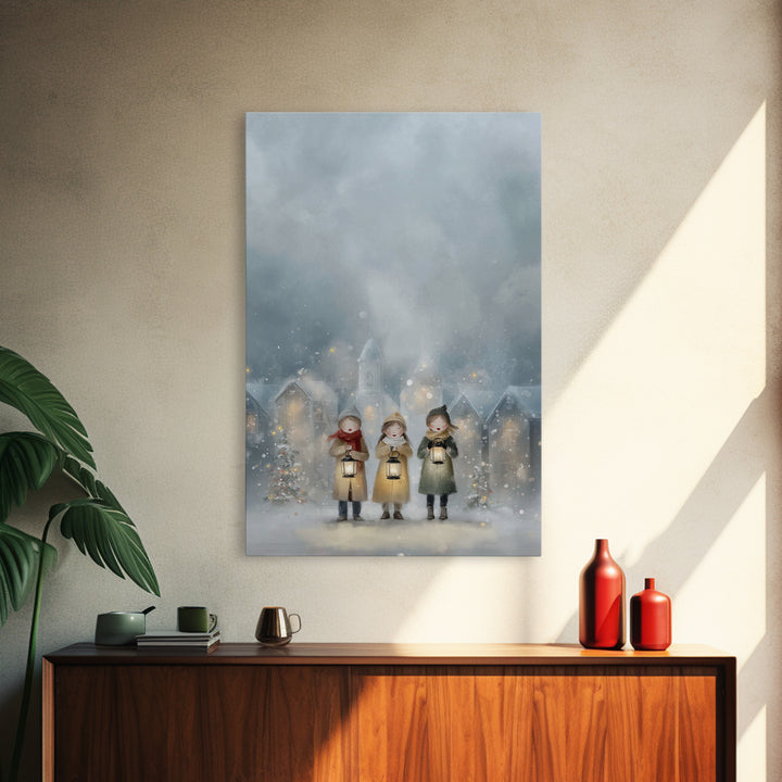 Lantern Carolers – Framed Canvas Print – Christian Wall Art – Christmas Art – Christian Art Canvas – Christian Christmas Art