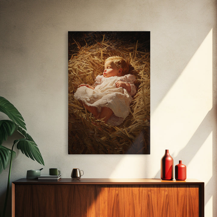 Silent Straw Light, Framed Canvas Print, Christian Art Canvas, Christmas Wall Art, Jesus Painting Canvas, Christian Christmas Art, Christia