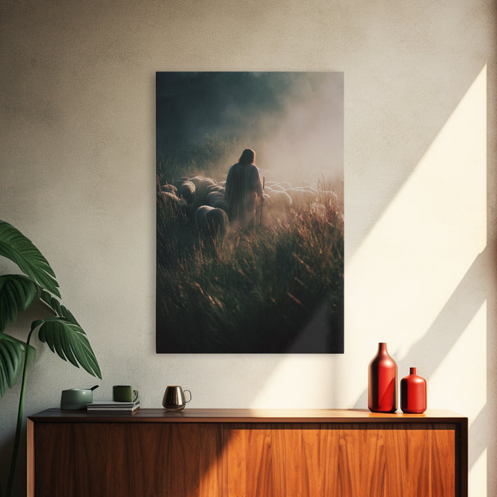 Morning Flock Peace | Framed Canvas Print | Jesus Painting | Christian Christmas Art | Christian Art Canvas | Moody Christian Art | Christi