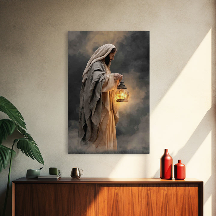 Guiding Lantern – Framed Canvas Print – Christian Wall Art – Jesus Painting – Christian Art Canvas – Moody Christian Art – Christian Gift