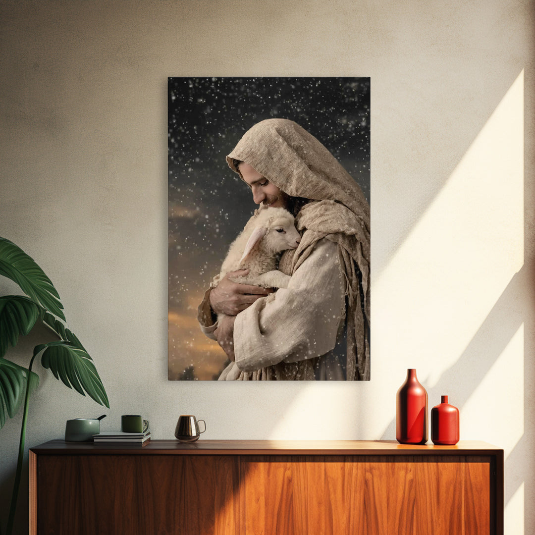Shepherd’s Embrace – Framed Canvas Print – Jesus Painting – Christian Wall Art – Christian Art Canvas – Christian Art Print – Christian Gif