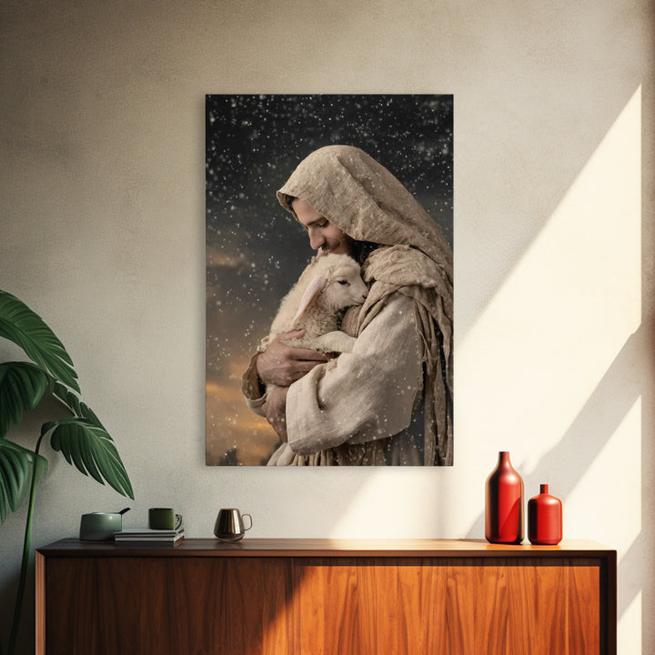 Shepherd’s Embrace – Framed Canvas Print – Jesus Painting – Christian Wall Art – Christian Art Canvas – Christian Art Print – Christian Gif