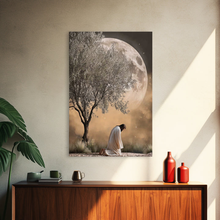 Moonlit Supplication, Framed Canvas Print, Jesus Canvas Art, Christian Wall Art, Modern Christian Art, Christian Art Canvas, Christian Gift