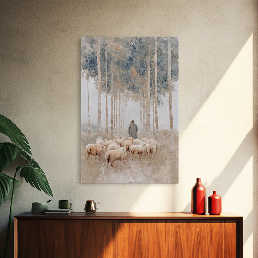 Woodland Shepherd Light – Framed Canvas Print – Christian Art Canvas – Christian Wall Art – Modern Christian Painting – Pastoral Scenery –