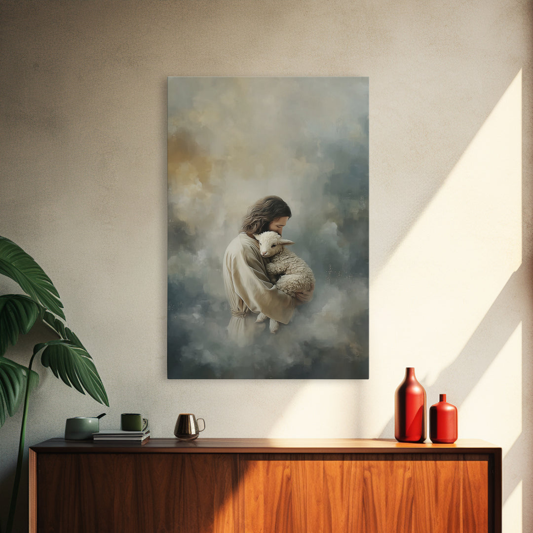 Arms Of The Shepherd – Framed Canvas Print – Jesus Painting – Christian Art Canvas – Christian Wall Art – Christian Christmas Art – Subtle