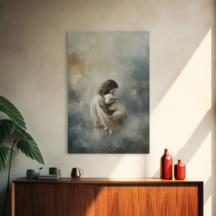 Arms Of The Shepherd – Framed Canvas Print – Jesus Painting – Christian Art Canvas – Christian Wall Art – Christian Christmas Art – Subtle