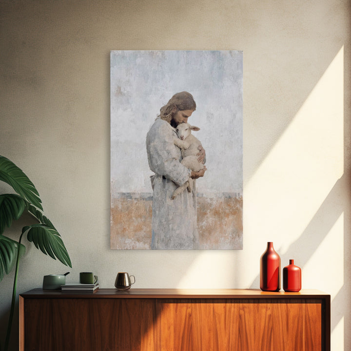 Heavenly Lamb Embrace – Framed Canvas Print – Christian Art Canvas – Jesus Painting – Christian Wall Art – Large Christian Art – Christian