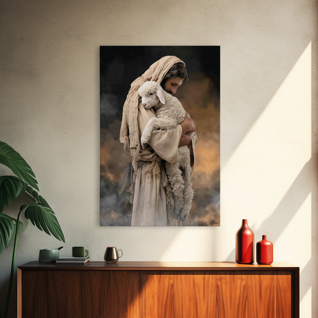 Tender Lamb Embrace, Framed Canvas Print, Jesus Painting, Christian Art Print, Christian Wall Art, Large Christian Painting, Christian Deco