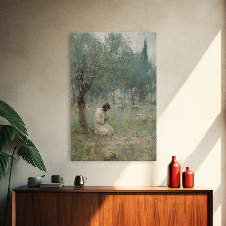 Garden Of Prayer, Framed Canvas Print, Christian Wall Art, Christian Art Canvas, Jesus Painting, Subtle Christian Art, Christian Gift