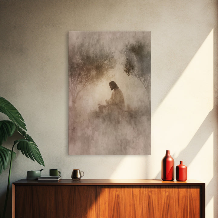 Quiet Olive Dawn, Framed Canvas Print, Christian Art Canvas, Modern Christian Art, Jesus Painting, Christian Wall Art, Christian Gift Ideas