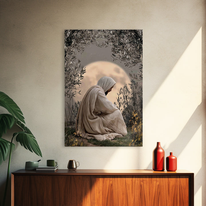 Moonlit Devotion, Framed Canvas Print, Christian Wall Art, Jesus Painting, Moody Christian Art, Christian Art Canvas, Christian Decoration