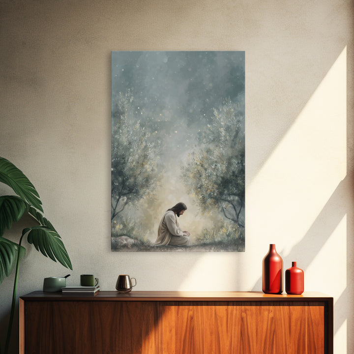 Olive Grove Reverence, Framed Canvas Print, Christian Art Canvas, Subtle Christian Art, Christian Wall Art, Jesus Painting, Christian Gift