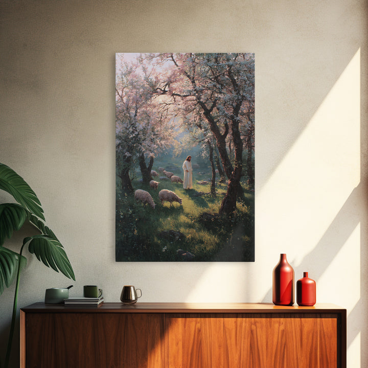 Spring Shepherd Path | Framed Canvas Print | Christian Art Canvas | Christian Wall Art | Jesus Painting | Christian Decor | Pastoral Scener