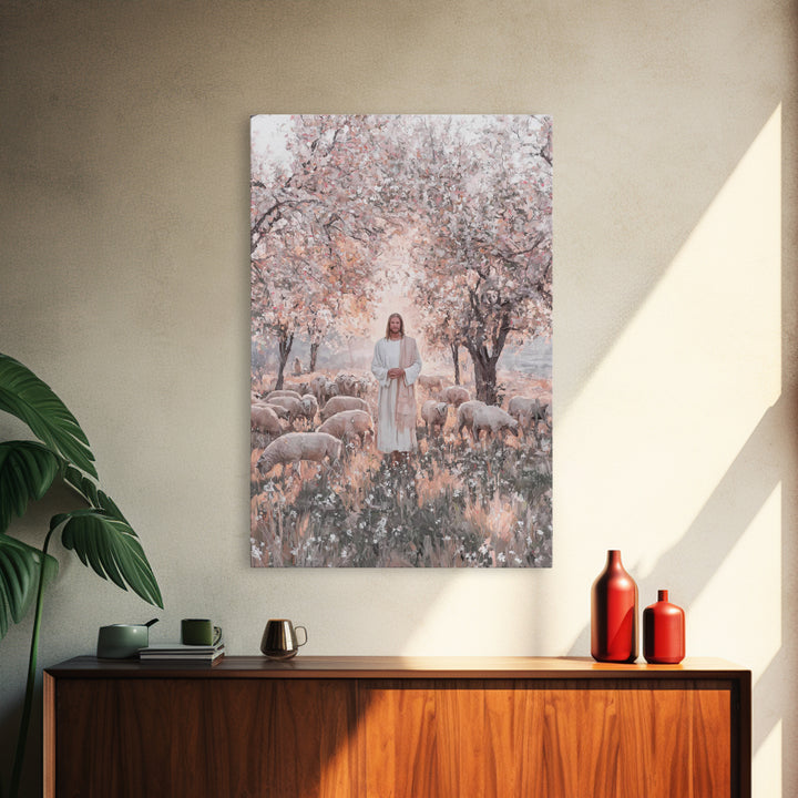 Garden Blossom Shepherd – Framed Canvas Print – Christian Wall Art – Christian Art Canvas – Jesus Painting – Christian Decor – Pastoral Sce