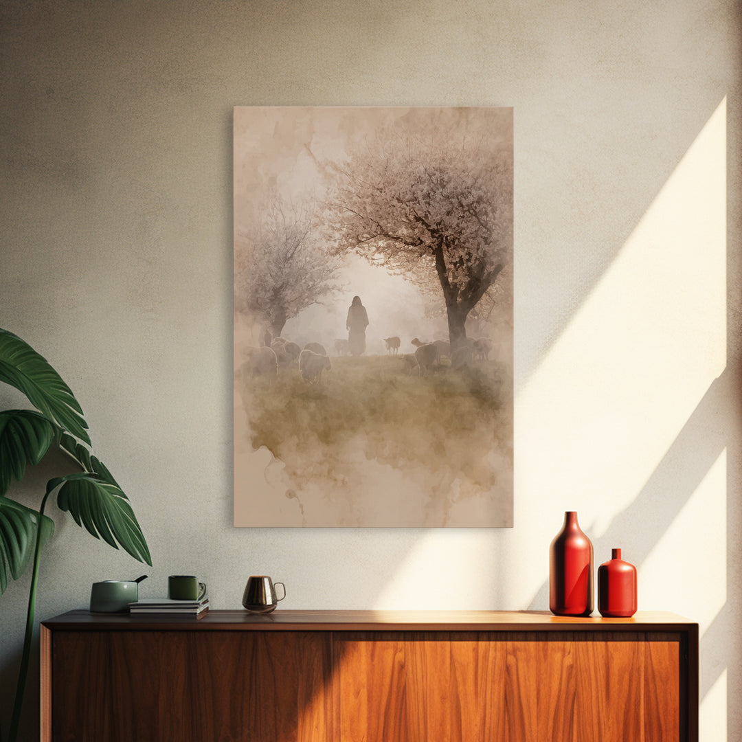 Dawn Shepherd Silhouette | Framed Canvas Print | Christian Wall Art | Christian Art Canvas | Jesus Painting | Subtle Christian Art | Christ
