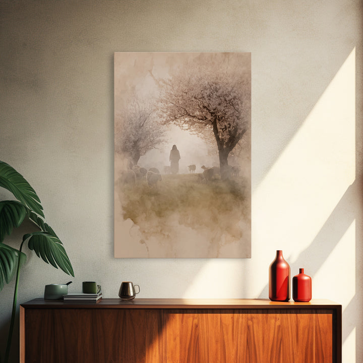 Dawn Shepherd Silhouette | Framed Canvas Print | Christian Wall Art | Christian Art Canvas | Jesus Painting | Subtle Christian Art | Christ