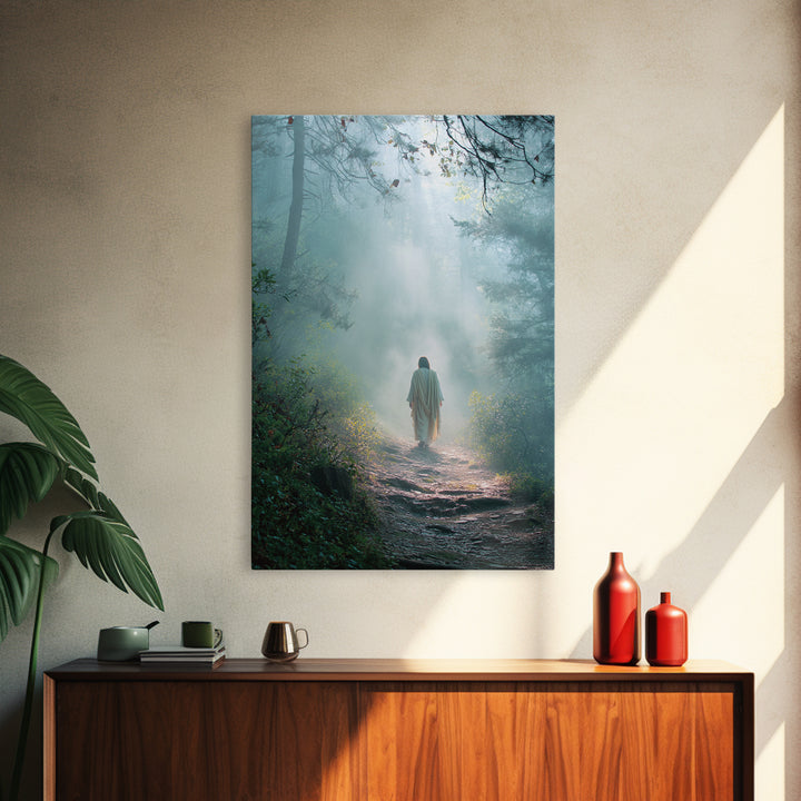 Forest Dawn Walk – Framed Canvas Print – Christian Wall Art – Christian Art Canvas – Jesus Painting – Moody Christian Art – Christian Decor