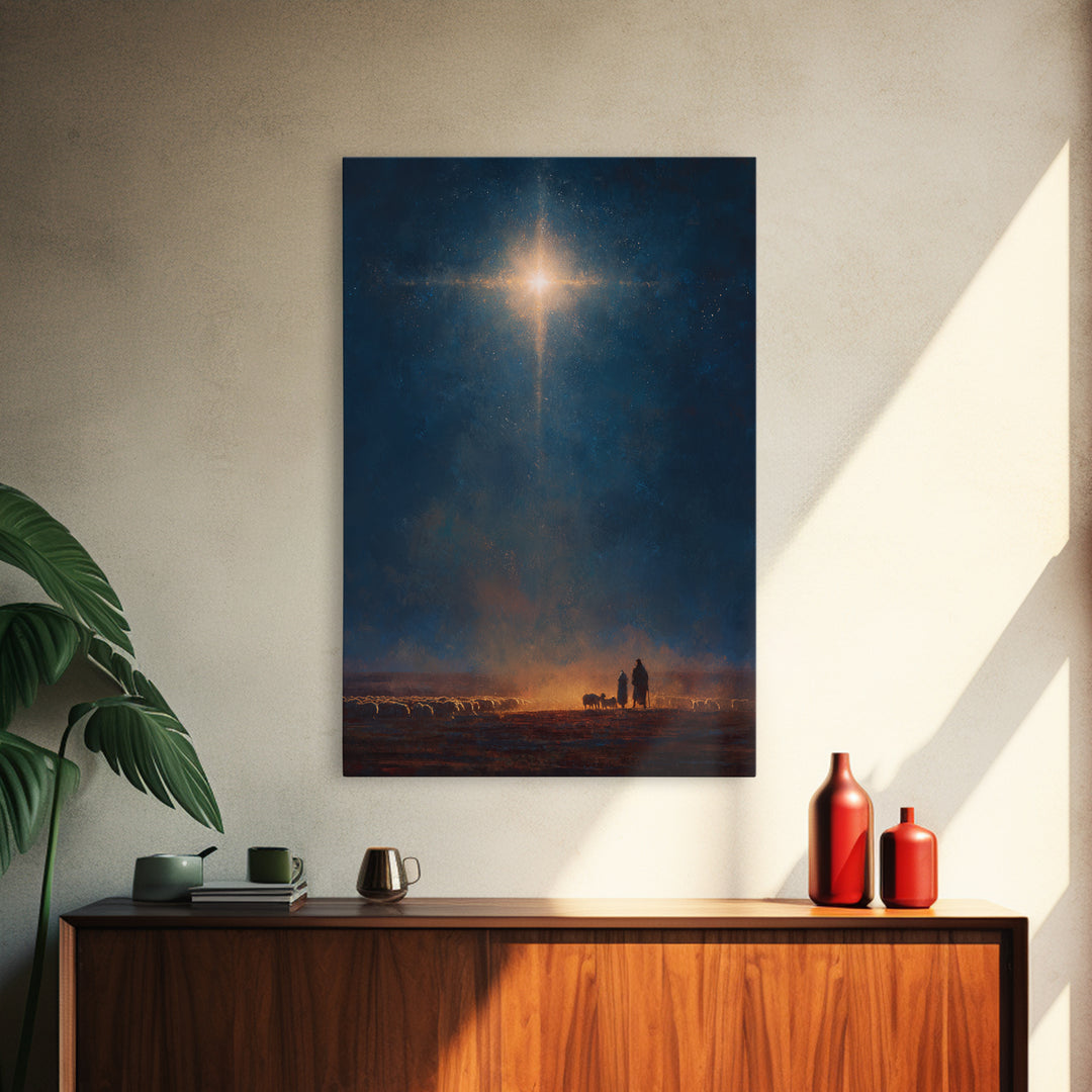 Night Of Glory – Framed Canvas Print – Christmas Wall Art – Christian Art Canvas – Moody Christmas Art – Christian Christmas Art