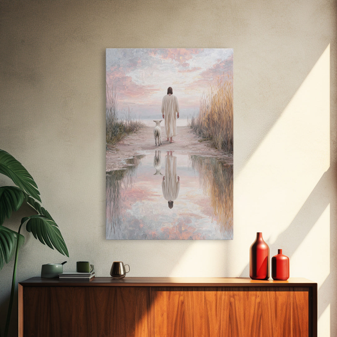 Misty Shepherd Calm, Framed Canvas Print, Christian Wall Art, Jesus Canvas Art, Minimalist Christian Art, Subtle Christian Paintings, Chris
