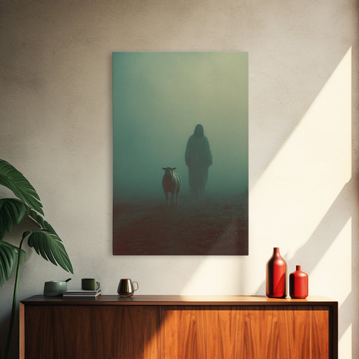 Shepherd In Mist – Framed Canvas Print – Christian Wall Art – Jesus Painting – Moody Christian Art – Christian Art Canvas – Christmas Art