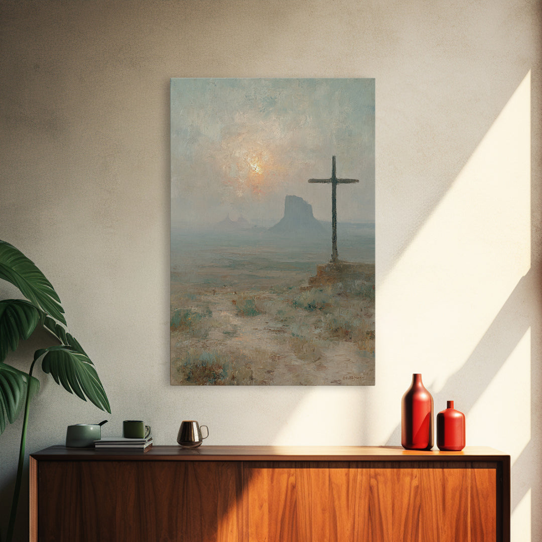 Cross At Dawn – Framed Canvas Print – Christian Wall Art – Christian Painting – Subtle Christian Art – Christian Art Canvas