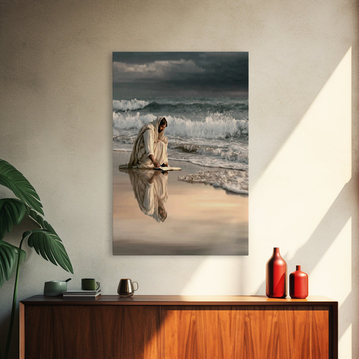 Shoreline Of Rest, Framed Canvas Print, Christian Wall Art, Jesus Painting, Christian Art Canvas, Moody Christian Art, Large Jesus Painting