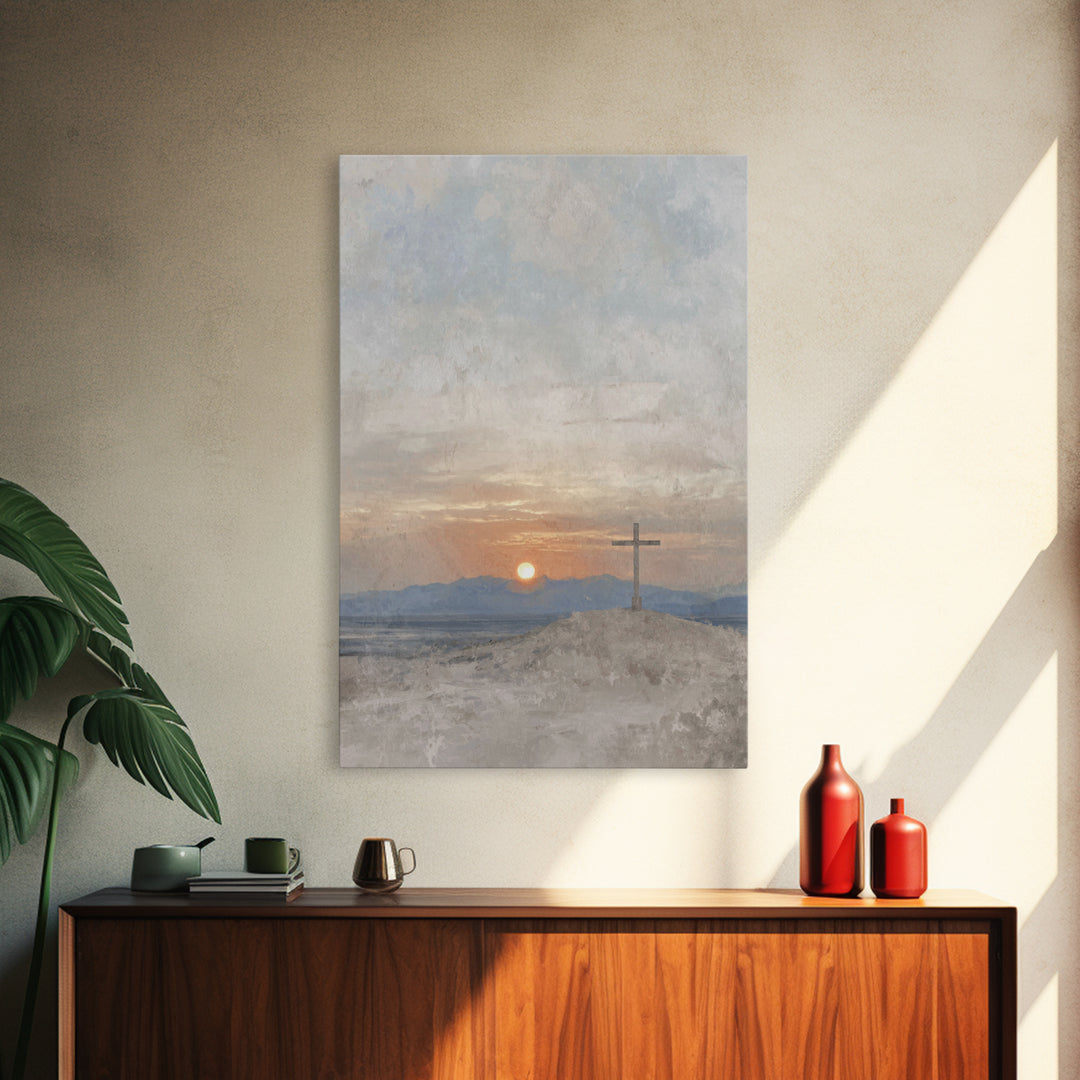 Sunset Of Mercy, Framed Canvas Print, Christian Wall Art, Christian Art Print, Subtle Christian Art, Vintage Christian Art