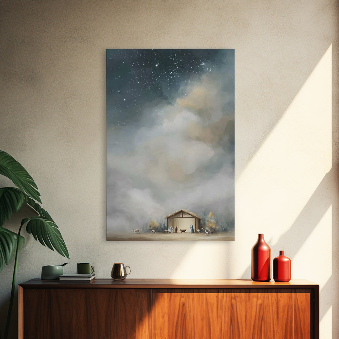 Starry Holy Night – Framed Canvas Print – Christmas Art – Christian Christmas Art – Framed Christmas Wall Art – Christian Decorations