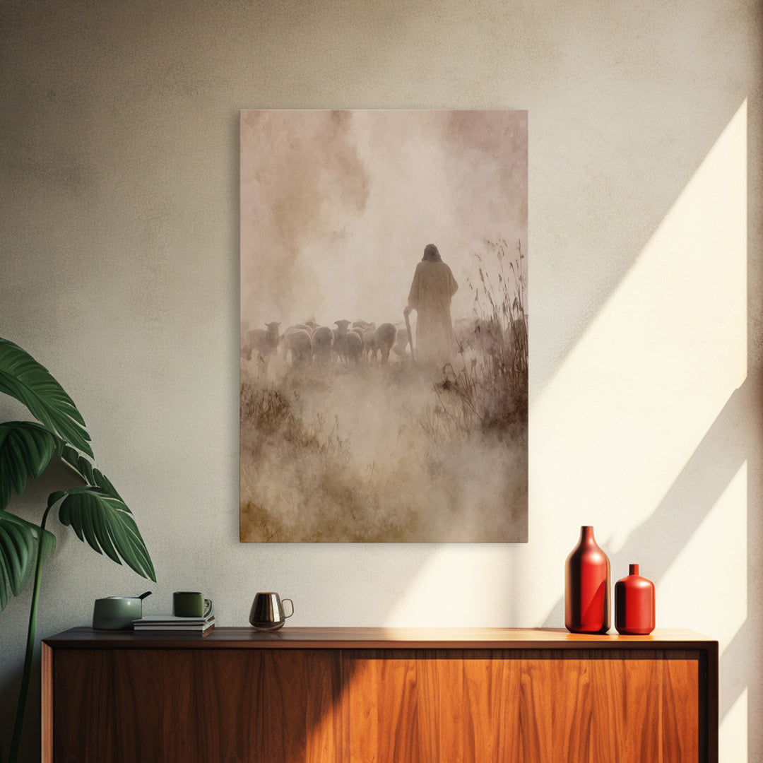 Guiding Shepherd Glow – Framed Canvas Print – Christian Art Work – Jesus Art Print – Christian Wall Art – Minimalist Christian Art