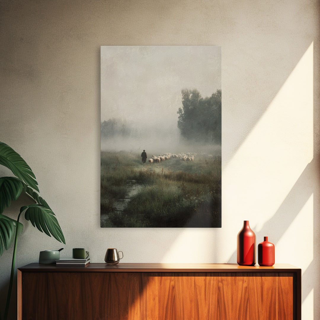 Misty Shepherd Path - Framed Canvas Print - Christian Wall Art - Jesus Painting - Pastoral Scenery - Christian Art Canvas - Faith Art