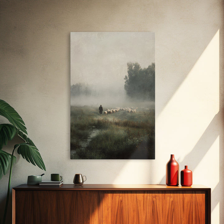 Misty Shepherd Path - Framed Canvas Print - Christian Wall Art - Jesus Painting - Pastoral Scenery - Christian Art Canvas - Faith Art
