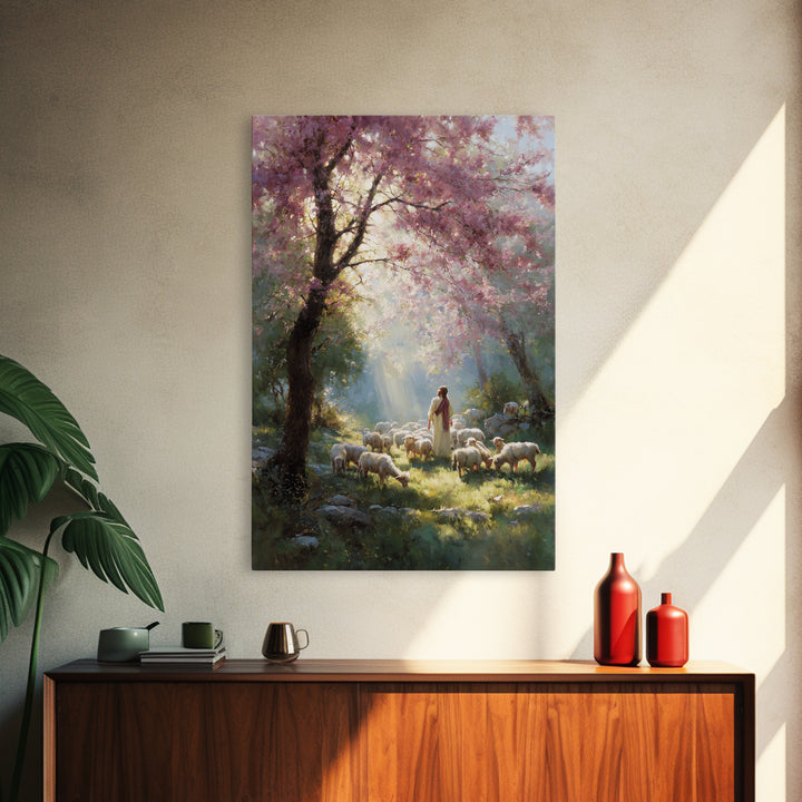 Springtime Shepherd - Framed Canvas Print - Christian Art Canvas - Christian Wall Art - Jesus Painting - Floral Christian Art - Christian D