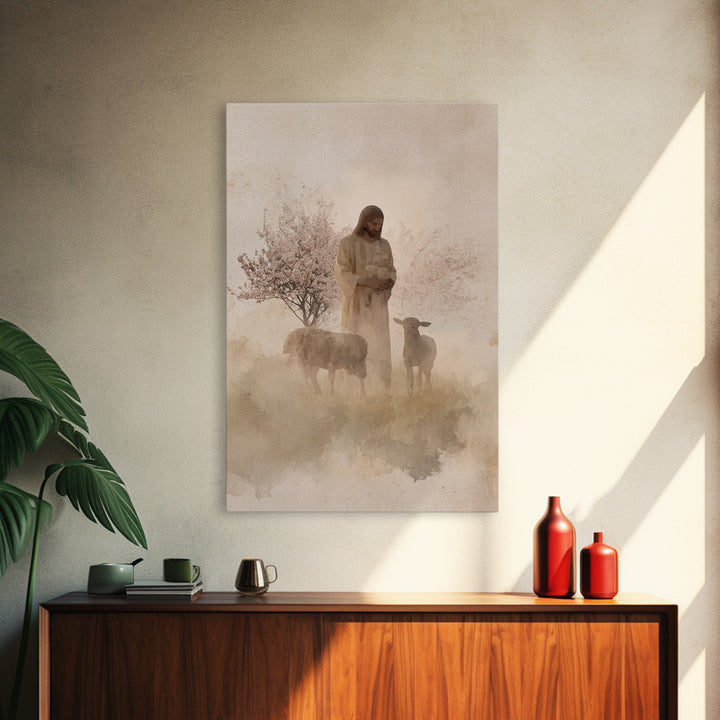 Soft Shepherd Glow - Framed Canvas Print - Christian Art Canvas - Christian Wall Art - Jesus Painting - Minimalist Christian Art - Faith Ar