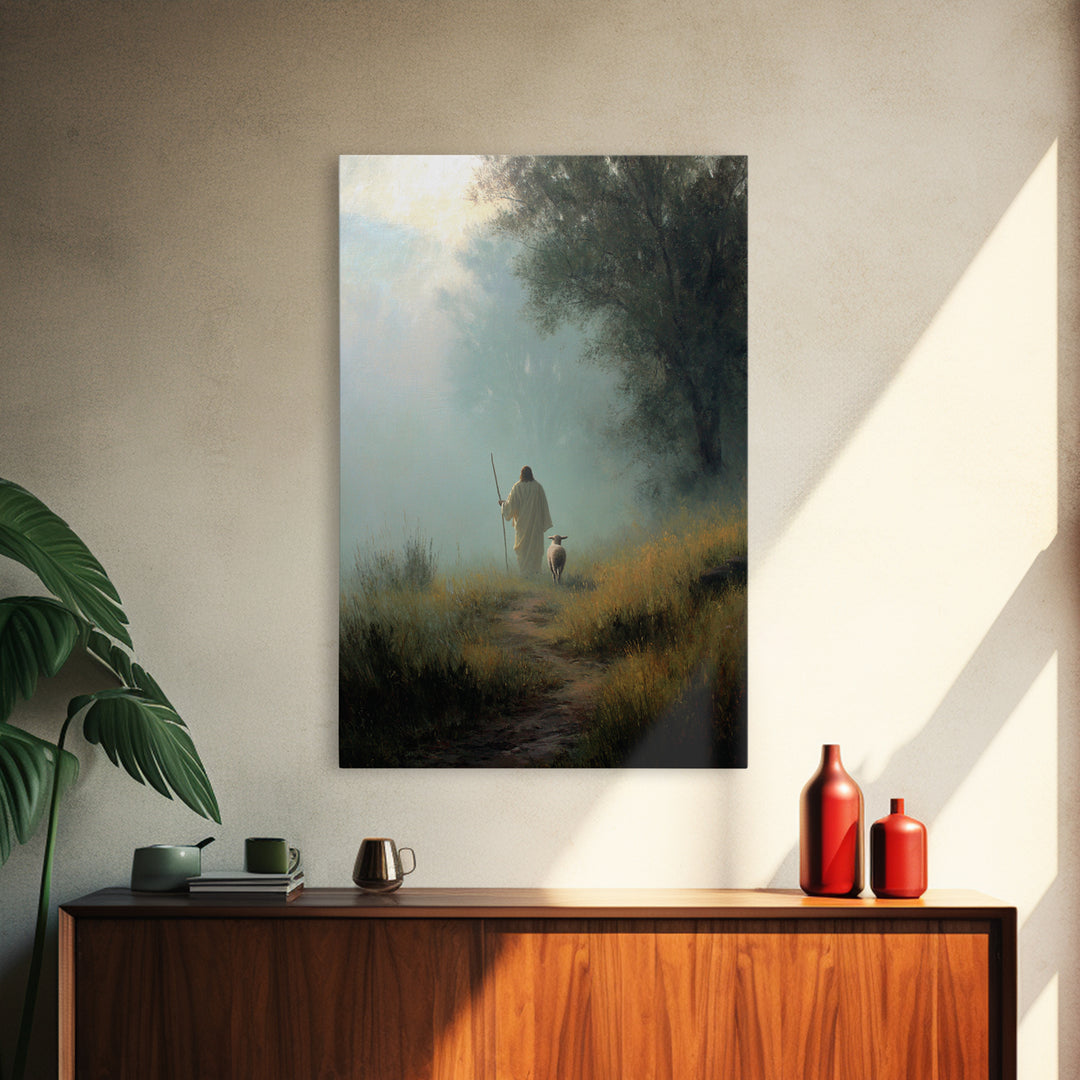 Misty Guide – Framed Canvas Print – Christian Art Canvas – Christian Wall Art – Jesus Painting – Pastoral Scenery – Christian Gift