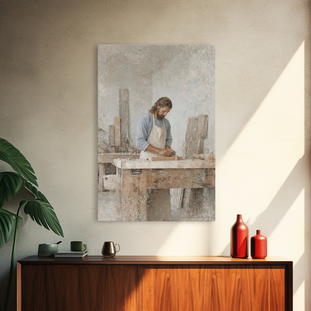 Quiet Carpenter Grace | Framed Canvas Print | Christian Wall Art | Jesus Painting | Christian Art Canvas | Christian Gift | Christmas Art