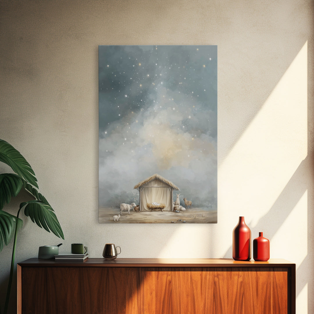 Heavenly Night Shelter – Framed Canvas Print – Christian Wall Art – Christian Christmas Art – Jesus Painting – Modern Christian Art – Chris