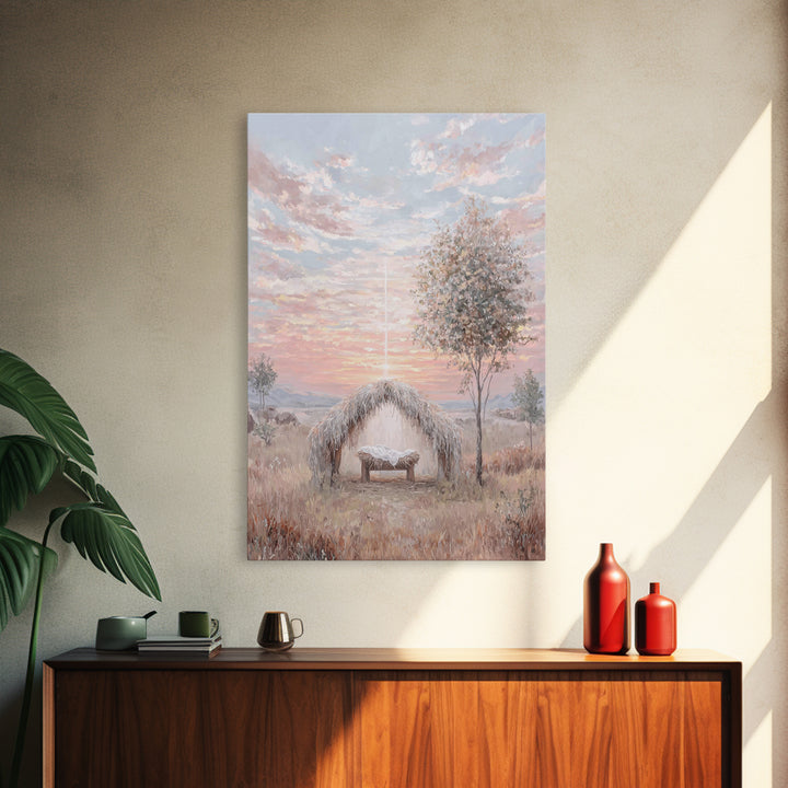 Sacred Birth Glow – Framed Canvas Print – Christian Christmas Art – Vintage Christian Art – Christian Wall Art – Jesus Painting – Christian