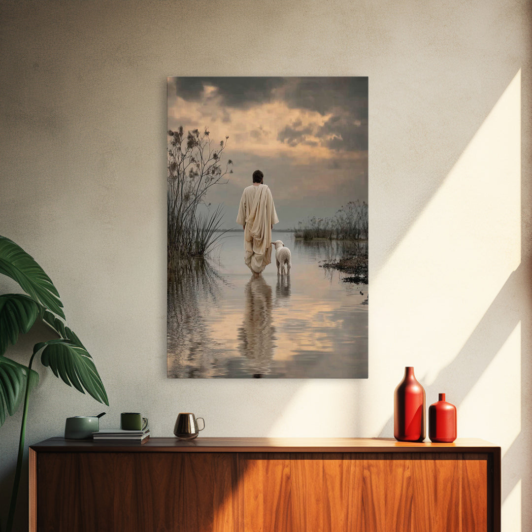 Evening Shepherd Hope – Framed Canvas Print – Christian Art Canvas – Christian Wall Art – Jesus Painting – Christian Christmas Art – Subtle
