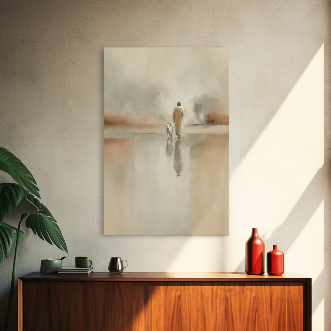 Silent Meadow Walk – Framed Canvas Print – Christian Art Print – Jesus Painting – Modern Christian Art – Pastoral Scenery – Christian Chris