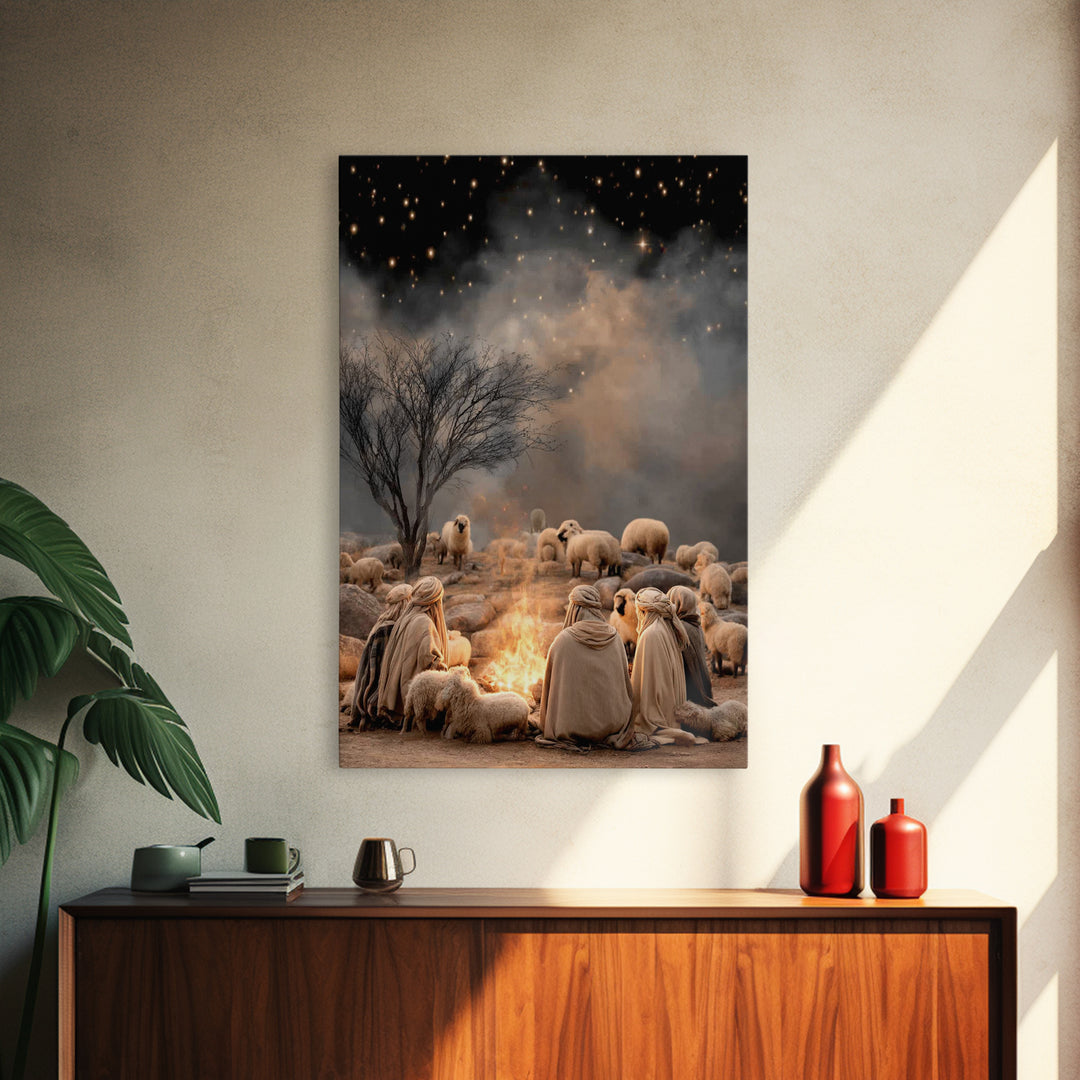 Shepherds By Fire – Framed Canvas Print – Christian Christmas Art – Christian Art Canvas – Christmas Wall Art – Christian Art – Vintage Chr