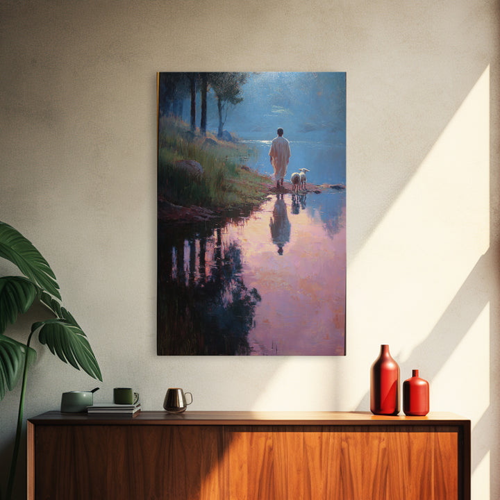 Shepherd’s Gentle Walk | Framed Canvas Print | Christian Wall Art | Jesus Painting | Christian Art Canvas | Modern Christian Art | Christma