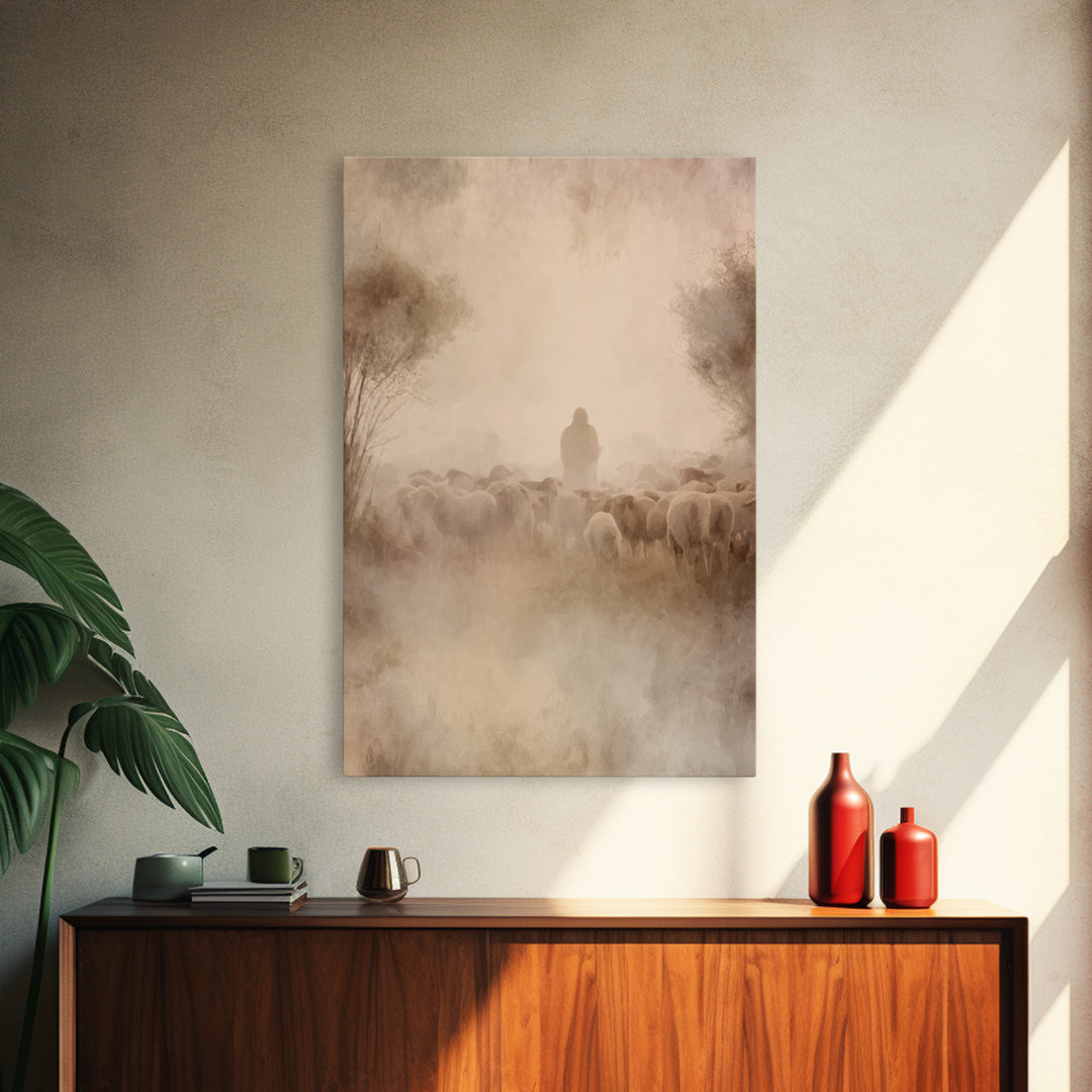 Shepherd’s Dawn – Framed Canvas Print – Christian Wall Art – Jesus Painting – Christian Art Canvas – Pastoral Scenery – Christian Christmas