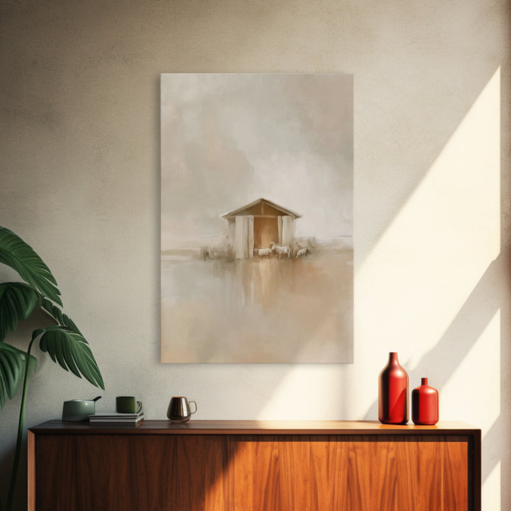 Quiet Manger Light, Framed Canvas Print, Christmas Wall Art, Christian Art Print, Minimalist Christian Art, Christian Christmas Art, Christ
