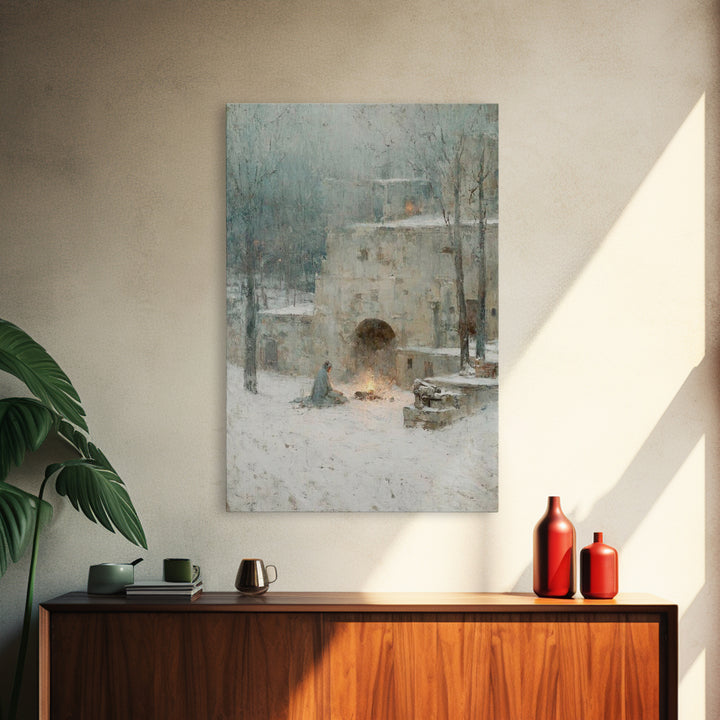 Warm Vigil Night – Framed Canvas Print – Christian Art – Christmas Art – Moody Christmas Art – Christian Wall Art – Christian Art Gift