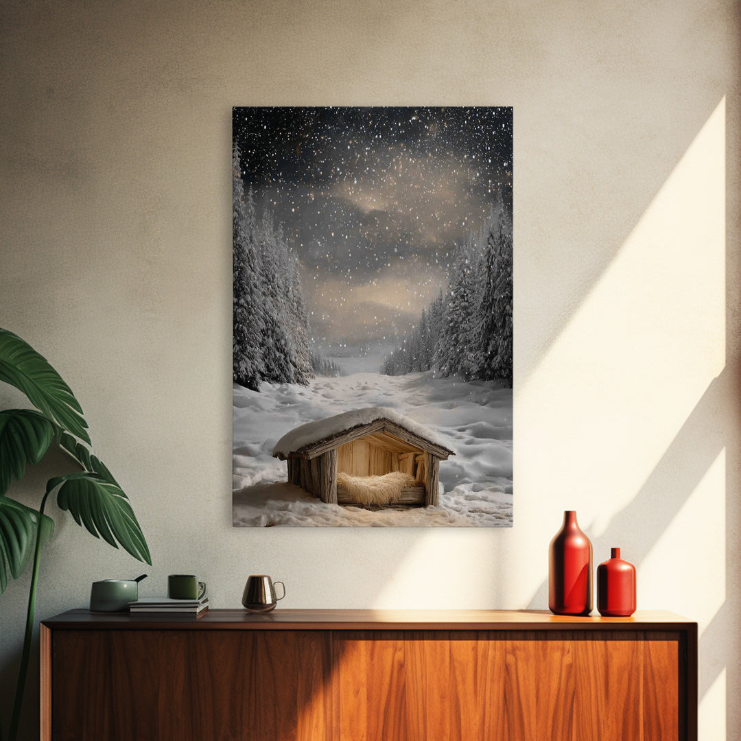 Silent Nativity Snow | Framed Canvas Print | Christmas Canvas Wall Art | Christian Art Work | Christian Christmas Art | Modern Christmas Ar